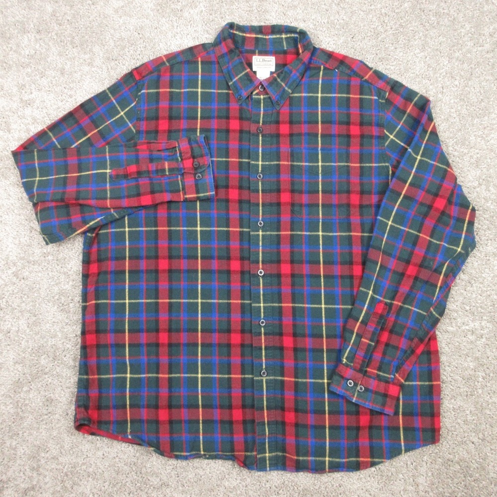 LL Bean‎ Shirt Mens XL Green Multicolor Plaid Twill Flannel Outdoor Button Up